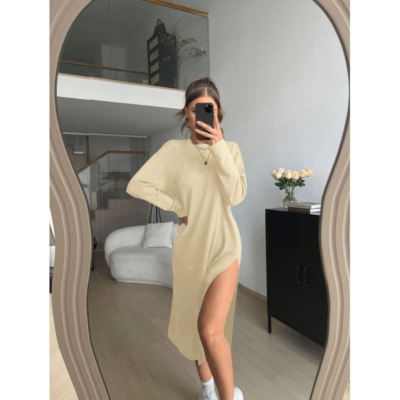 SHEIN Essnce - Vestido casual de color liso con cuello redondo, hombros caídos y abertura lateral en el bajo para mujer