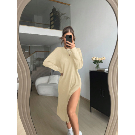 SHEIN Essnce - Vestido casual de color liso con cuello redondo, hombros caídos y abertura lateral en el bajo para mujer